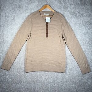 NWT Obermeyer Men's M Henley Knit Sweater Beige Textured Half Button Long Sleeve